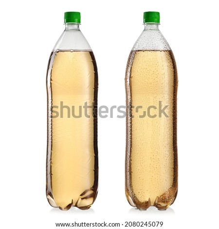Two full plastic apple soft drink bottles without and with drops on white background Royalty-Free Stock Photo #2080245079
