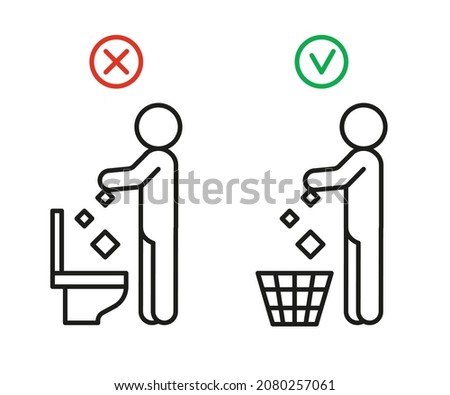 Rule take out trash in basket but not in toilet pan, prohibition warning sign. Do not throw garbage in toilet. Can throw rubbish into trash can. Problem of planet pollution, clean. Vector illustration Royalty-Free Stock Photo #2080257061