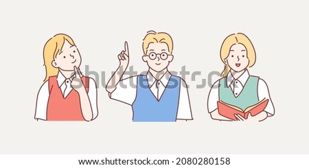 Set of pupils. Back to school concept. Group of young men and women students teenagers, pupils with books. School life. Education, learning, study process. Simple flat vector Royalty-Free Stock Photo #2080280158