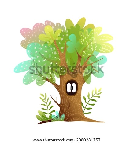 Hollow tree and spooky funny eyes looking out from the tree. Kids fairytale watercolor style mystery illustration. Isolated forest clipart for children vector design.