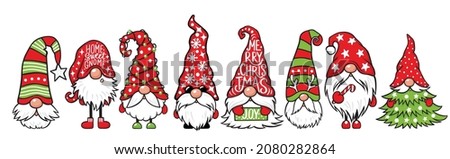 Vector Christmas Gnomes illustration. Gnome collection. Cute set with elf isolated on white. Cartoon characters. Xmas design for holidays decoration, greeting cards, gift tags, t-shirt print. Royalty-Free Stock Photo #2080282864