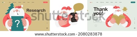 Web Santa - a corporative website page template and icons set. Modern flat vector concept illustration of cheerful Santa Claus. Corporate Memphis outlined style, winter holidays.