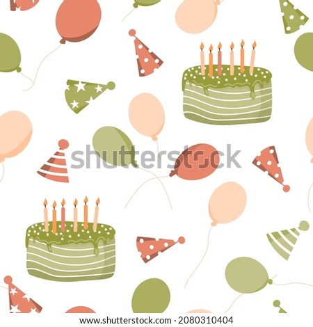 Seamless vector pattern of celebration hats, cakes and balloons in pastel colors. Festive birthday background, wallpaper and template for design.