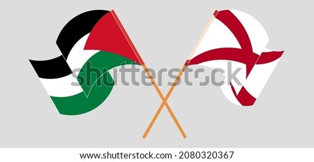 Crossed and waving flags of Palestine and The State of Alabama. Vector illustration
