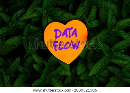 Inspiration showing sign Data Flow. Business idea the movement of data through a system comprised of software Heart Shaped Paper On Top Of Outdoor Nature Leafy Plant Bush.
