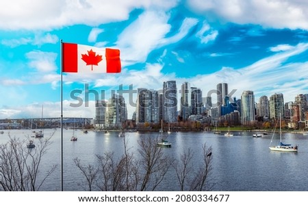 Canadian National Flag Composite. Panoramic View of Modern Downtown Cityscape and City Skyline. Blue Sky Art Render. False Creek, Vancouver, British Columbia, Canada.