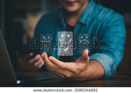 User give rating to service experience on online application, Customer review satisfaction feedback survey concept, Customer can evaluate quality of service leading to reputation ranking of business. Royalty-Free Stock Photo #2080366882