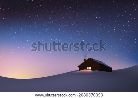 The loneliness and calm of a snowy landscape at dawn, symbolized by an isolated house under a starry sky. Royalty-Free Stock Photo #2080370053