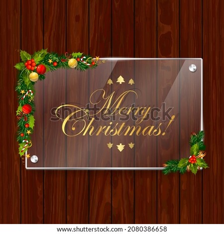 Merry Christmas Golden Typography On Glass And Wood Background