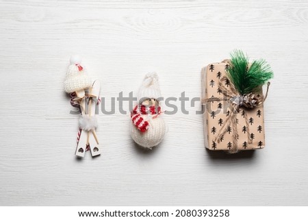 Christmas concept background. Christmas decorations on the white wooden table background.