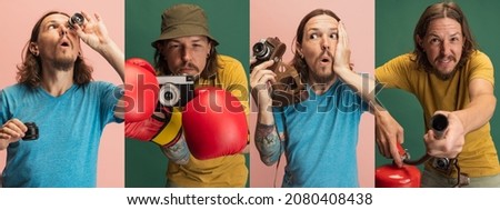 Cute eyewear. Collage of portraits of young man, cameraman with camera lens having fun isolated on pink and green studio background. Concept of occupation, job, humor, funny meme emotions.