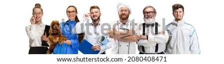Team of professionals. Flyer with of mixed-age men in image of cook, professor, vet doctor, decorator standing together isolated on white background. Concept of occupation, diversity, caree, labor.