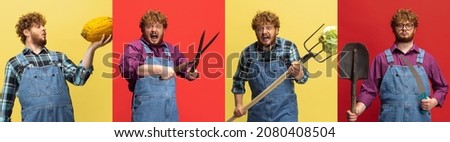 Set of funny portraits red-headed man, farmer with vegetables harvest standing isolated over green studio background. Concept of occupation, work, job, organic food. Flyer for ad, text. Red and green