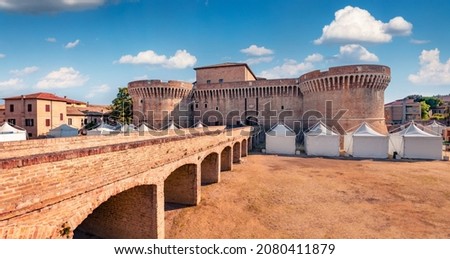 Morning after summer festival near Annonario Fortress. Splendid cityscape of Senigallia town, Italy, Europe. Traveling concept background.