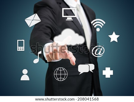 Businessman hand touch cloud computing concept on drak background