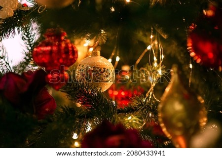 Decorated Christmas balls on christmas tree stock