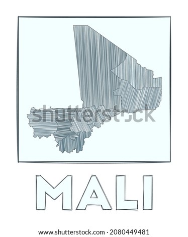 Sketch map of Mali. Grayscale hand drawn map of the country. Filled regions with hachure stripes. Vector illustration.