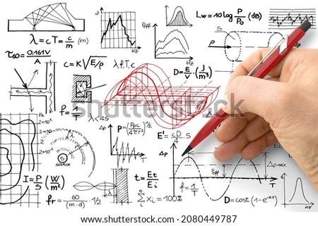 Engineer writing formulas about noise reduction in buildings structures - noise pollution concept image.
