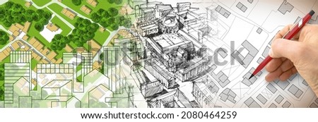 Planning a new city - Engineer-architect drawing with a pencil a sketch of a new modern imaginary town - concept image. Royalty-Free Stock Photo #2080464259