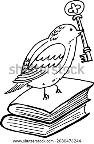 Doodle birds , books and key  on a white background. Vector sketch illustration.Hand drawn graphic