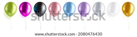 Trendy balloon set isolated on white background. Realistic helium ballon collection templates. Green, purple. black, pink, blue, silver, white, gold colours. Vector illustration.