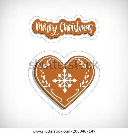 Christmas gingerbread cookies sticker. Merry Christmas stickers. Christmas ornament Heart sticker. Festive cookie decorated with glazed sugar. Vector illustration.