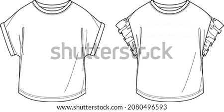 Vector round neck top fashion CAD, woman 2 peaces set t shirt  technical drawing, short sleeved top with frills flat, template, sketch. Jersey or woven fabric blouse with front, back view, white color Royalty-Free Stock Photo #2080496593