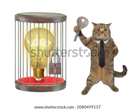 A beige cat unlocks a cage in which there is a light bulb. White background. Isolated.