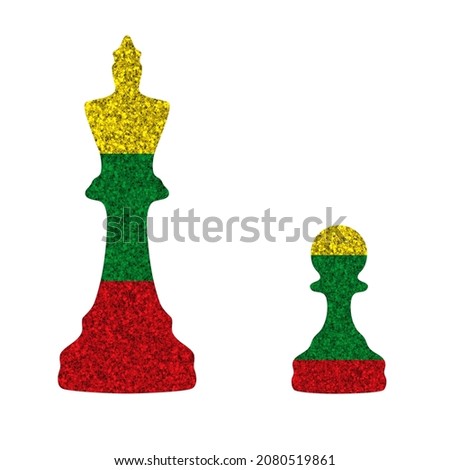 Bright glitter chess figures queen and pawn silhouettes in colors of national flag. Lithuania