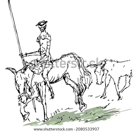 Gentleman Don Quixote of La Mancha in armor with a spear, riding on his horse Rocinante and donkey from behind. Illustration of the novel Miguel de Cervantes. Line art ink graphic