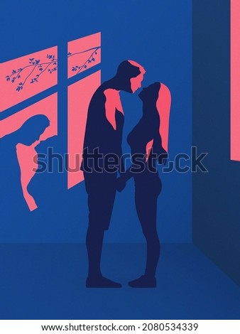 Kissing couple. Lovers silhouette at window. Home self-isolation Royalty-Free Stock Photo #2080534339