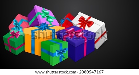 Vector illustration with bunch of colored gift boxes with ribbons and bows on black background
