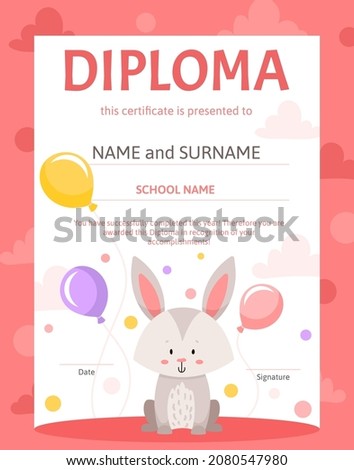 Colorful school and preschool diploma certificate with cute hare bunny for kids and children in kindergarten or primary grades. Vector cartoon flat illustration