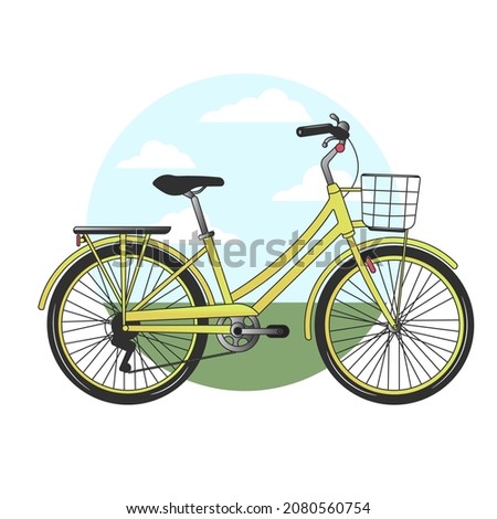 City bicycle. Cute women s bike with a low frame and basket in front. Vintage bicycle. Vector illustration. White backgrounds.