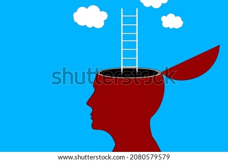  Open head with staircase and clouds. human head silhouette with ladder inside the brain. Business growth, psychology and mental health concept 3d illustration 