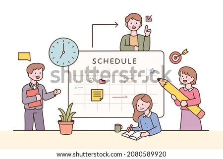 Office team members making plans around a large schedule board. flat design style vector illustration.