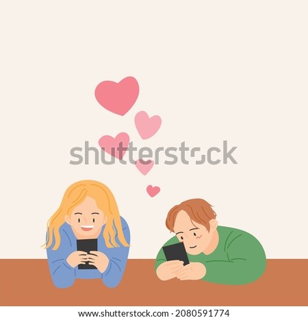 A man and a woman are texting at the table. flat design style vector illustration.