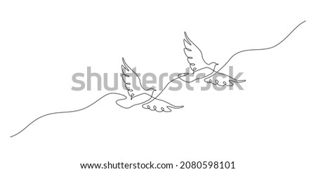 One continuous line drawing of flying couple doves. Two Birds symbol of peace love and freedom in simple linear style. Concept for national labor movement icon editable stroke. Vector illustration