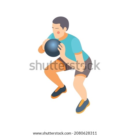 Cardio activity isometric composition with isolated human character of man holding ball in hands vector illustration