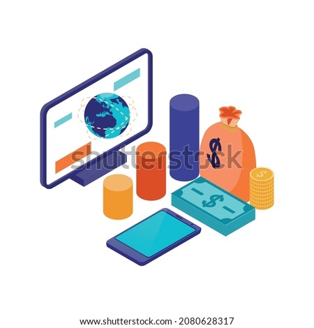 Isometric accounting financial audit composition with isolated image of money with infographic bars and computer vector illustration