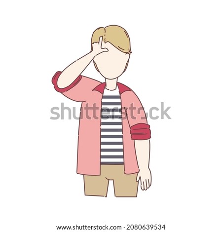 Young sad man showing L sign on head with finger. Trendy sad male making loser sign by gesturing hand over head. Isolated flat cartoon vector illustration on white background.