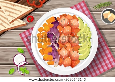 Salmon salad with bread on the table illustration