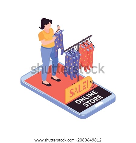 Isometric kids online shopping composition with smartphone app and character of mother choosing baby clothes vector illustration