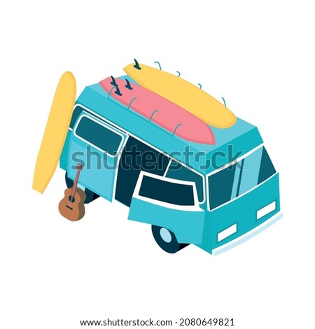 Isometric surfing composition with isolated hippie bus with colorful surfing boards and guitar on blank background vector illusration