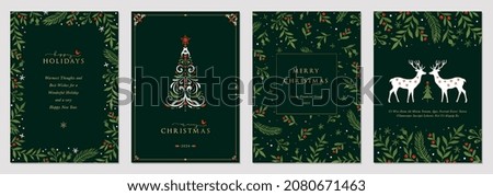 Traditional Corporate Holiday cards with Christmas tree, reindeers, birds, ornate floral frames, background and copy space. Universal artistic templates. Royalty-Free Stock Photo #2080671463
