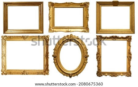 Gold frame for a picture in a classic baroque style on a white blank background.