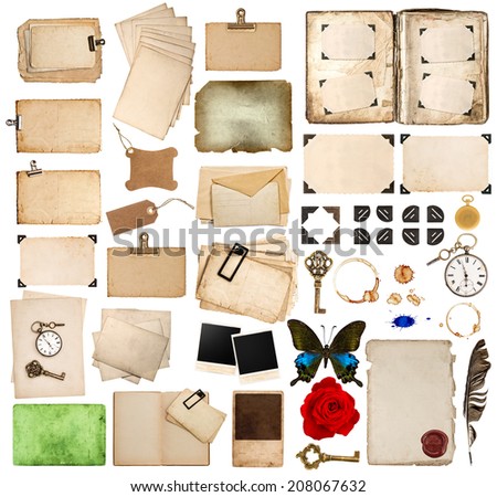 scrapbooking elements. vintage photo album and book pages, paper sheets, cards, corner and frames isolated on white background Royalty-Free Stock Photo #208067632