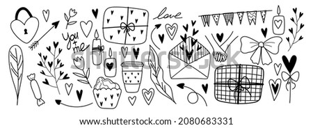 Valentine's Day theme doodle set. Romantic symbols: heart shapes, arrows, gift box, desserts, twigs and flowers, candles, love letters. Vector. Hand drawn
