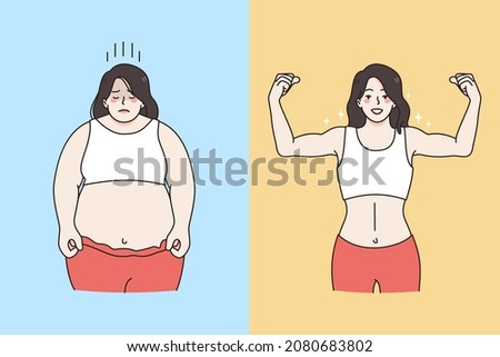 Fat and overweight figure concept. Sad depressed fat overweight woman standing opposite slim sporty and fir shape female vector illustration  Royalty-Free Stock Photo #2080683802