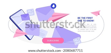 Newsletter subscription banner. Vector illustration for online marketing and business. Smartphone with flying envelopes and paper planes. Template for mailing and newsletter. Royalty-Free Stock Photo #2080687711